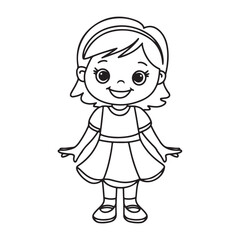 Fototapeta premium Cute Little Girl in Dress Line Drawing – Black and White Cartoon Illustration for Coloring Pages