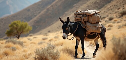 Donkey carries equipment through Sierra de Baza Natural Park. Mule travels loaded mountain path. Animal transport trekking concept. Backpacks. Rural scene. Hiking. Adventure. Travel vacation.