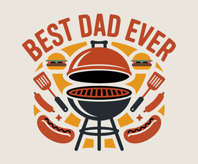 Best Dad Ever" BBQ Grill Design with Hot Dogs, Burgers and Spatulas