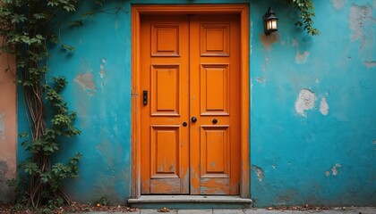 Vibrant orange door contrasted by vivid blue wall in urban setting. Natural elements such as foliage create harmonious balance. Entrance architecture home decor painting texture.