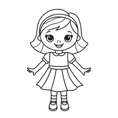 Cute Little Girl in Dress Line Drawing &ndash; Black and White Cartoon Illustration for Coloring Pages