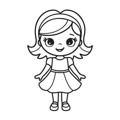 Fototapeta premium Cute Little Girl in Dress Line Drawing – Black and White Cartoon Illustration for Coloring Pages