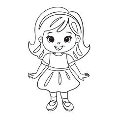 Fototapeta premium Cute Little Girl in Dress Line Drawing – Black and White Cartoon Illustration for Coloring Pages