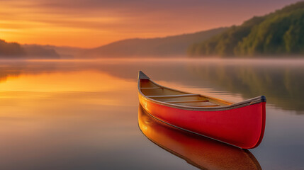 A red canoe on a tranquil lake at sunrise