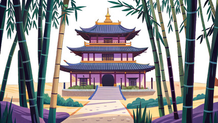 Quiet monastery hidden in a dense bamboo forest perfect for zen themes, spiritual retreats, and peaceful Asian landscapes