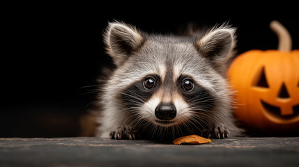 Raccoon looking at camera near Halloween pumpkin and autumn leaf on dark background. Studio wildlife portrait. Halloween celebration.