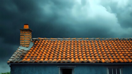 Naklejka premium A house with red-tiled roof and chimney under a stormy and cloudy sky.