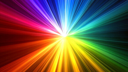 Obraz premium A radiant burst of light beams emanating from the center of the frame, each beam painted in the vividly colors --red, orange, yellow, green, blue, indigo, and violet--piercing through a deep, velvet