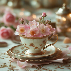 A delicate tea setting featuring a pastel blue porcelain teacup with floral motifs and gold accents, placed on a matching saucer. The cup is filled with a pink beverage.