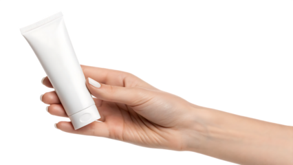White tube in woman's hand isolated on a white background png ai generated