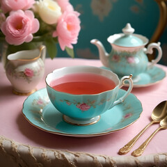 A delicate tea setting featuring a pastel blue porcelain teacup with floral motifs and gold accents, placed on a matching saucer. The cup is filled with a pink beverage.