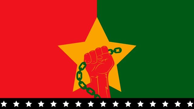 Great animation of hands holding a raised chain with stars and a Juneteenth themed background. Symbol of freedom and justice. Copy space included for a title, message or branding.