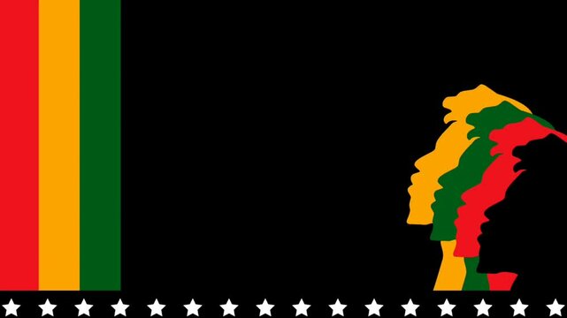 Side profile silhouette of an African man against a Juneteenth inspired background. Afrocentric design with copy space for a title or message in motion capture format.
