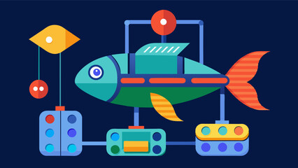 Naklejka premium A robotic fish sorter that uses machine learning algorithms to categorize and separate fish based on size color and quality optimizing the market value of each type.. Vector illustration