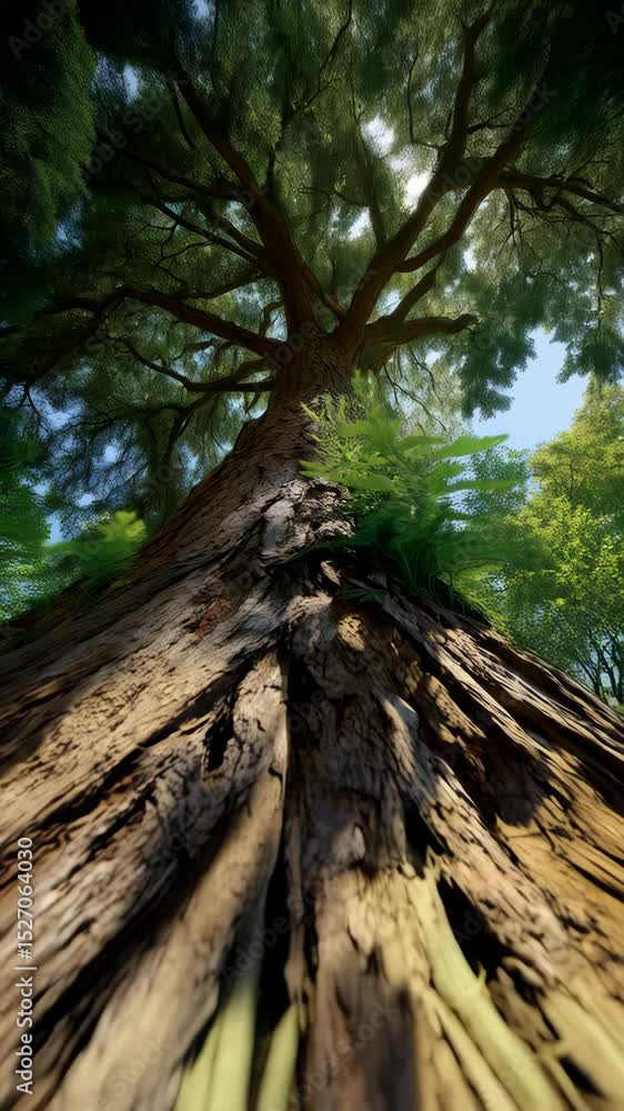 Poster a towering tree reaches for the sky, with branches extending upward and lush green leaves filtering 