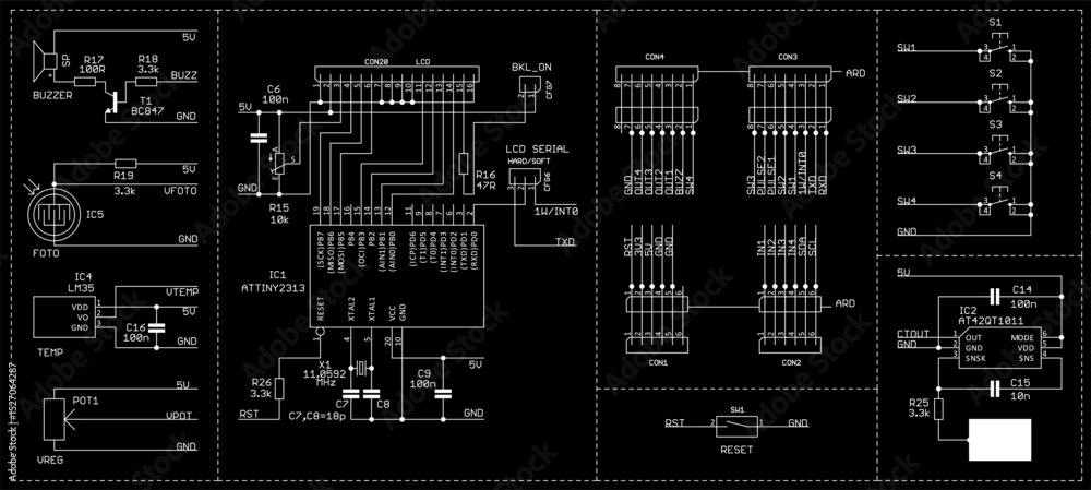 Poster schematic diagram of electronic device. vector drawing electrical circuit with microcontroller, sens