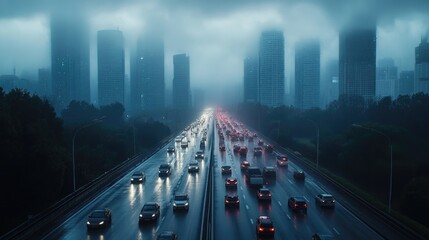 smoke air pollution from vehicle on highway at big skyline city. environment concept picture.