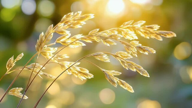 Golden oat ears against softly blurred sunny foliage