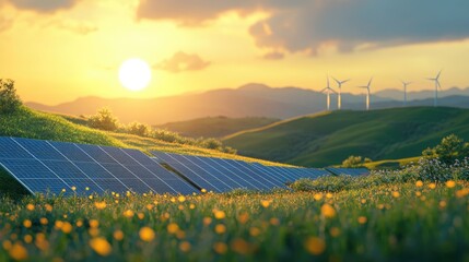 renewable or green power technology for better environment with solar panels and wind turbines at agriculture farm.