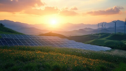 renewable or green power technology for better environment with solar panels and wind turbines at agriculture farm.