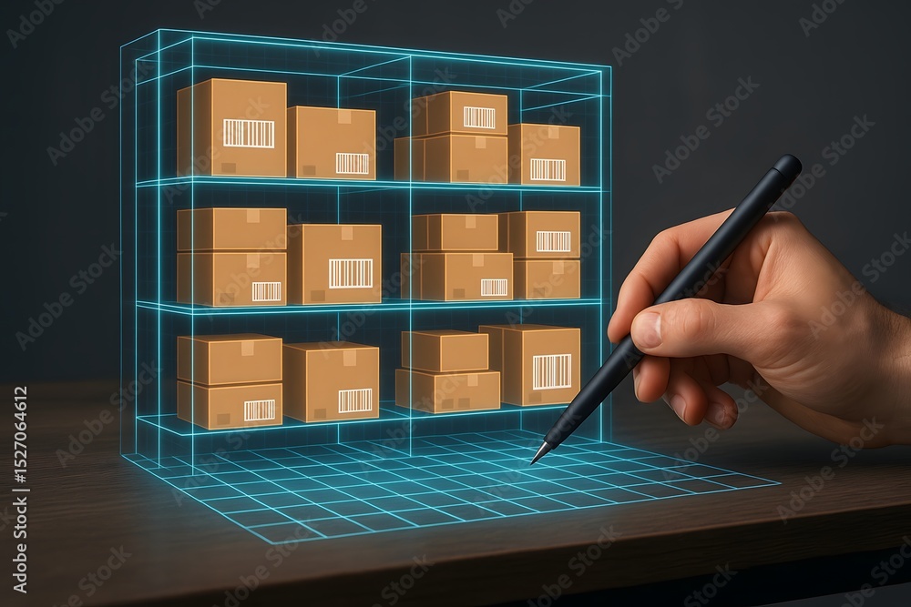 Poster warehouse shelf with a digital schematic and a hand drawing on the scene. this image symbolizes inve