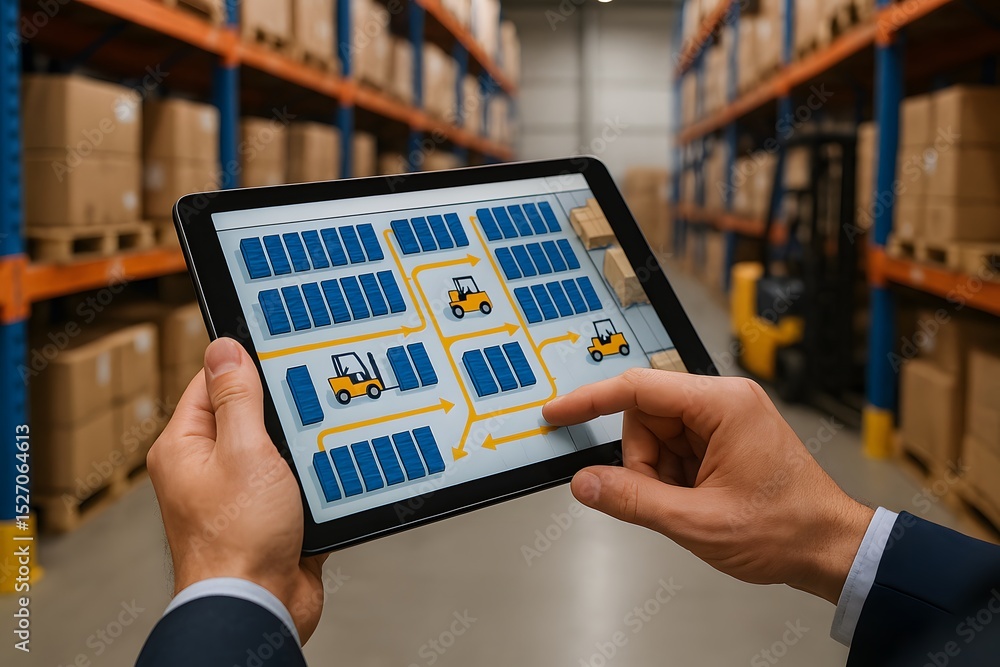 Poster man using digital tablet to manage warehouse inventory efficiently. the tablet shows a detailed over