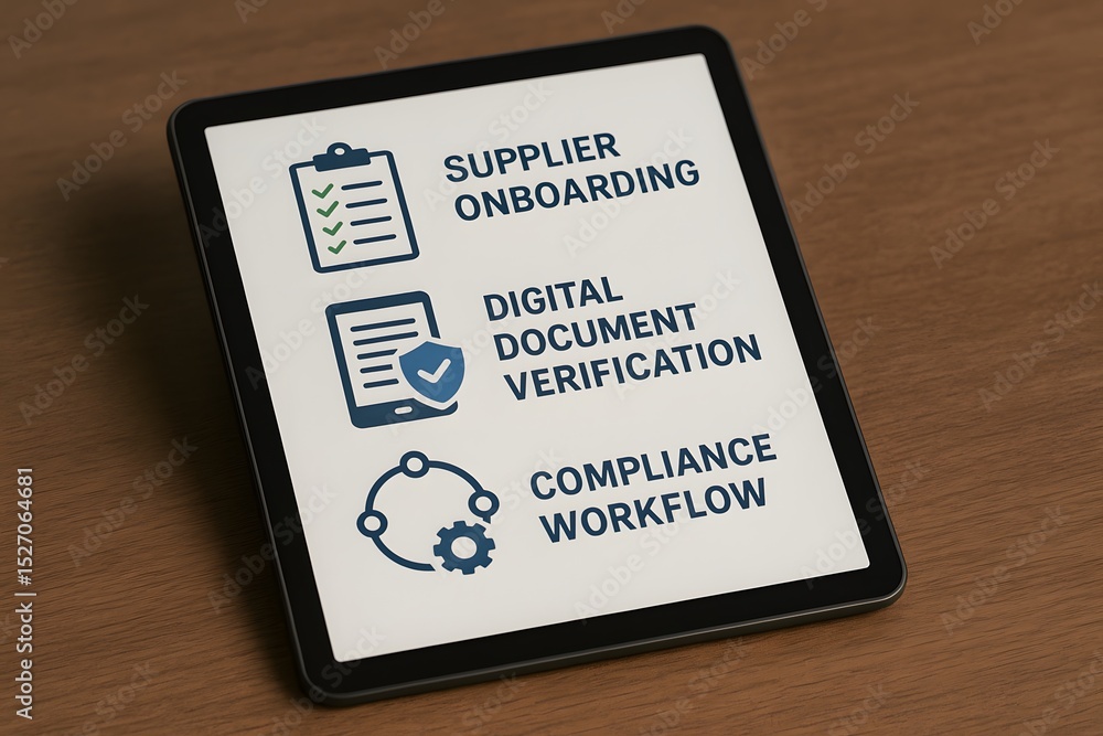 Poster tablet displaying key supplier onboarding processes: supplier onboarding, digital document verificat