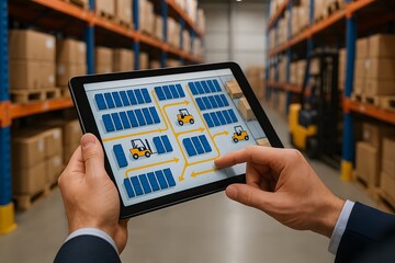 Man using digital tablet to manage warehouse inventory efficiently. The tablet shows a detailed overview of warehouse logistics. The background includes rows of stored boxes and a forklift.
