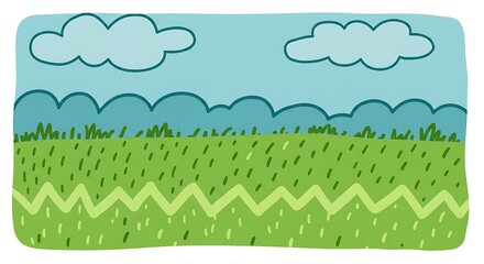 Obraz premium Cartoon landscape background with grass and clouds vector illustration nature scenery drawing design