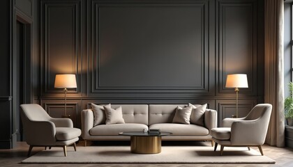 Obraz premium Modern living room interior design. Stylish home with sofa set against dark wall. Armchairs, coffee table, floor lamp, white carpet complete the luxury decor.