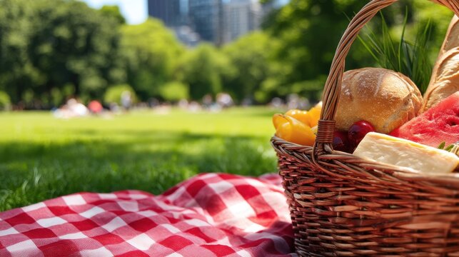 A picnic basket rests on a red and white checkered blanket on the grass, filled with fresh bread, cheese, and fruit. People can be seen enjoying a sunny afternoon in a vibrant park. - Powered by Adobe