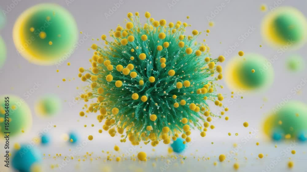 Poster abstract depiction of pollen particles in green and yellow hues, symbolizing allergens and pollinosi