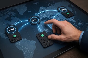 An image depicting a person's hand interacting with a futuristic digital interface