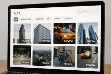 Laptop screen displaying a collection of various tags of architecture, building, city, urban and vehicle categories