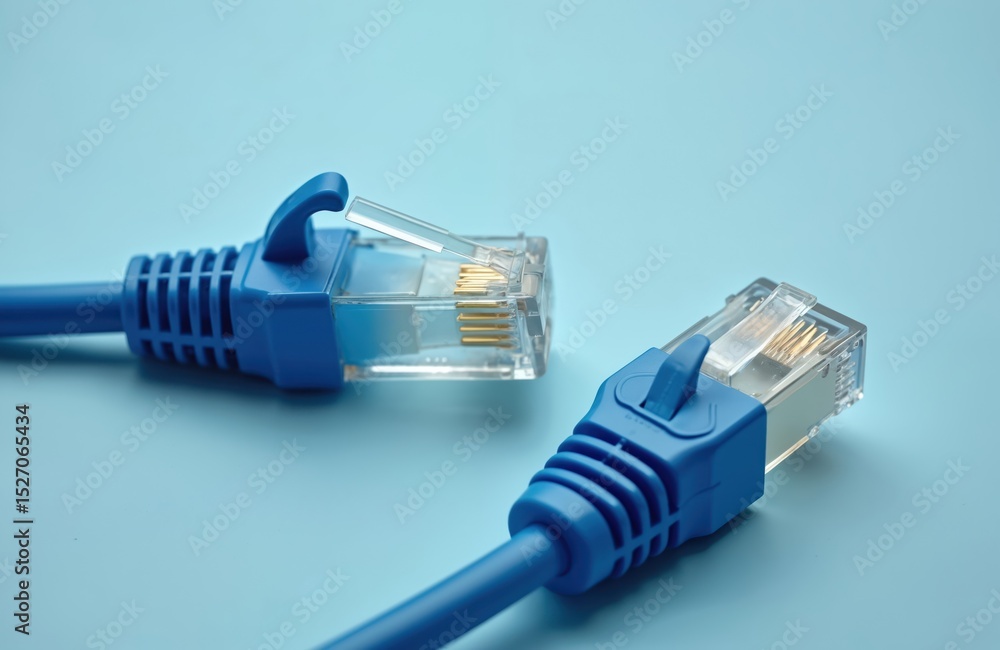 Poster close-up shot of two blue ethernet cable connectors against light blue backdrop. patch cord with rj4