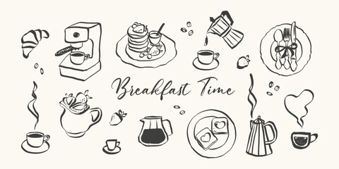 Whimsical breakfast doodles. Vintage hand drawn icons with la dolce vita aesthetic in simple crayon and sketch style. Trendy art for menus and dinner brunch invitations. Lineart vector illustration