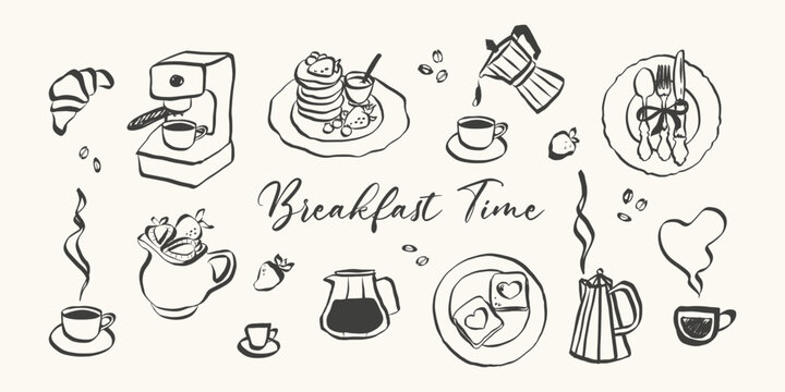 Whimsical breakfast doodles. Vintage hand drawn icons with la dolce vita aesthetic in simple crayon and sketch style. Trendy art for menus and dinner brunch invitations. Lineart vector illustration - Powered by Adobe