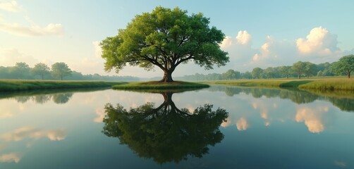 Tranquil nature scene shows a tree with reflection in calm river water. Idyllic landscape with green trees, grass. Peaceful, serene environment, perfect place for relaxation. Calm water reflects sky.