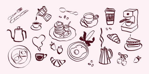 Whimsical breakfast doodles. Vintage hand drawn icons with la dolce vita aesthetic in simple crayon and sketch style. Trendy art for menus and dinner brunch invitations. Ink vector illustration
