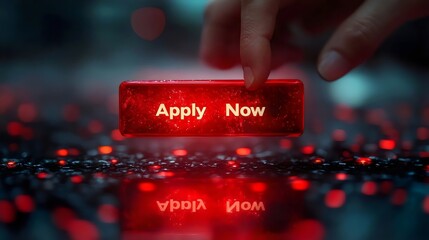 A glowing red 'Apply Now' button being pressed, representing an opportunity for the viewer.