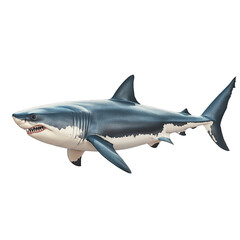 Fototapeta premium Side view of a megalodon shark with massive body and realistic texture, isolated on a white solid background, ideal for prehistoric marine life visuals, educational content