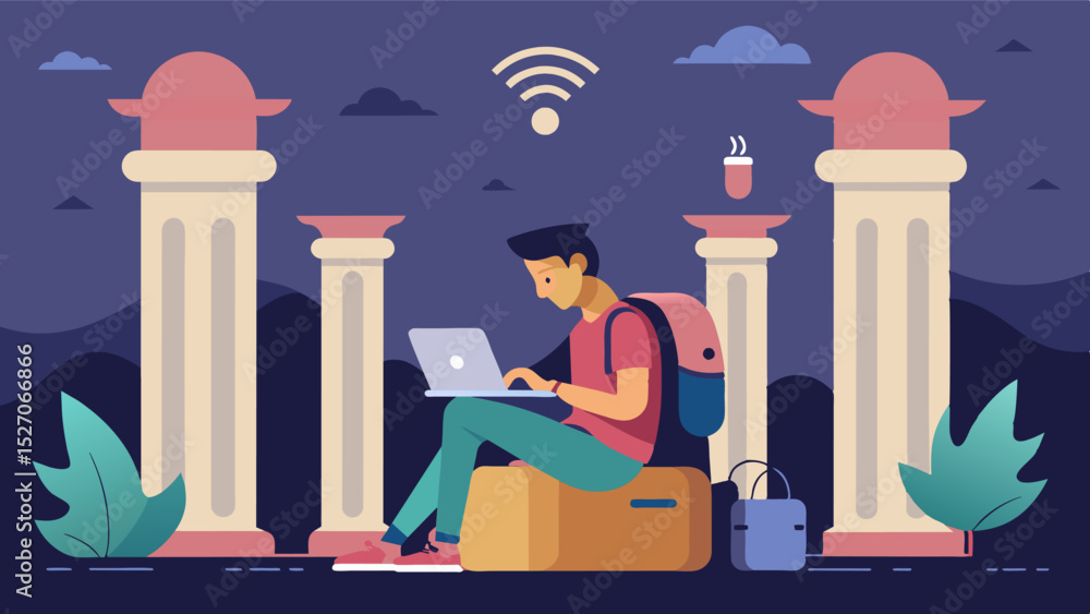 Poster in the midst of towering pillars and intricate carvings a digital nomad set up their makeshift offic