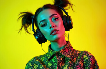 Young female dj with headphones enjoys music on a bright neon yellow backdrop. Trendy woman listening to sounds. Close-up shot, studio, party, club, nightlife concept.