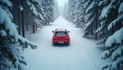 Red car driving through snowy forest road. Winter season adventure. White snow on the ground and trees. Road trip through the woods, travel concept. Cold weather conditions.