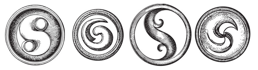 Vintage Engraved Swirl Circular Designs for Artistic Projects, vintage retro hipster logo design, vector illustration, engraving design