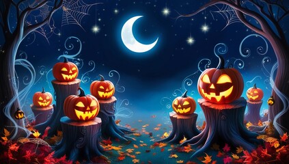 A vibrant and mystical Halloween night scene unfolding against a deep cobalt blue background, adorned with twinkling stars and a sickle moon casting an ethereal glow. In the midst of a whimsical fores