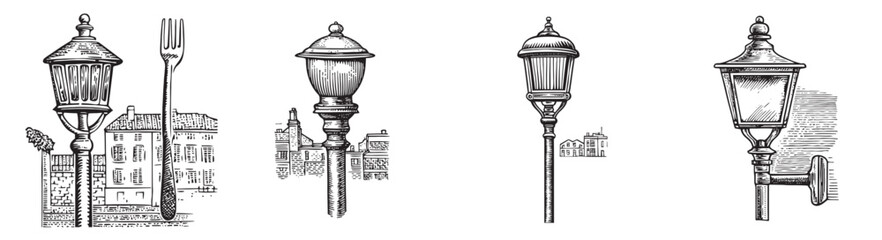 Fototapeta premium Vintage Illustrations of Street Lamps and Forks in Urban Settings, vintage retro hipster logo design, vector illustration, engraving design