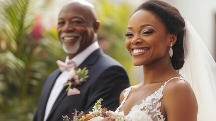 Bride and father smiling as they wait at the ceremony entrance, soft light, wedding day anticipation generative ai