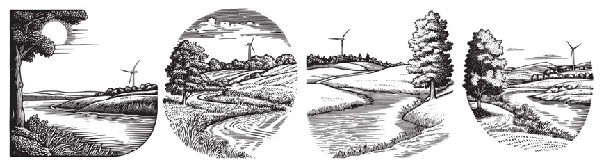 Serene Rural Landscape with Trees, River, and Wind Turbines Illustration, vintage retro hipster logo design, vector illustration, engraving design