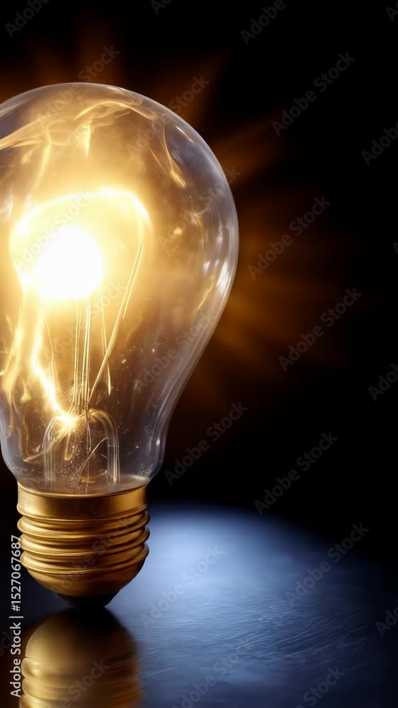 Poster glowing light bulb with visible filament on reflective dark background generates creative innovative